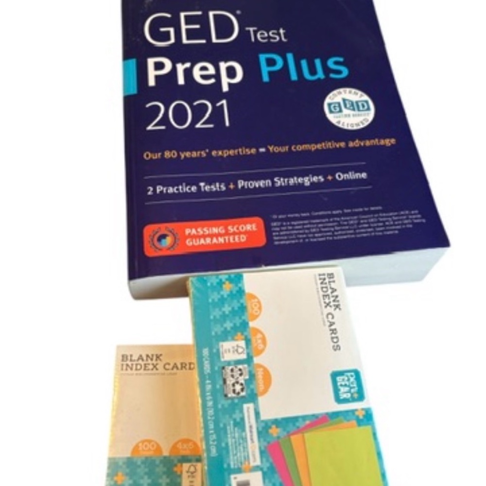 GED prep practice with colorful Index Cards